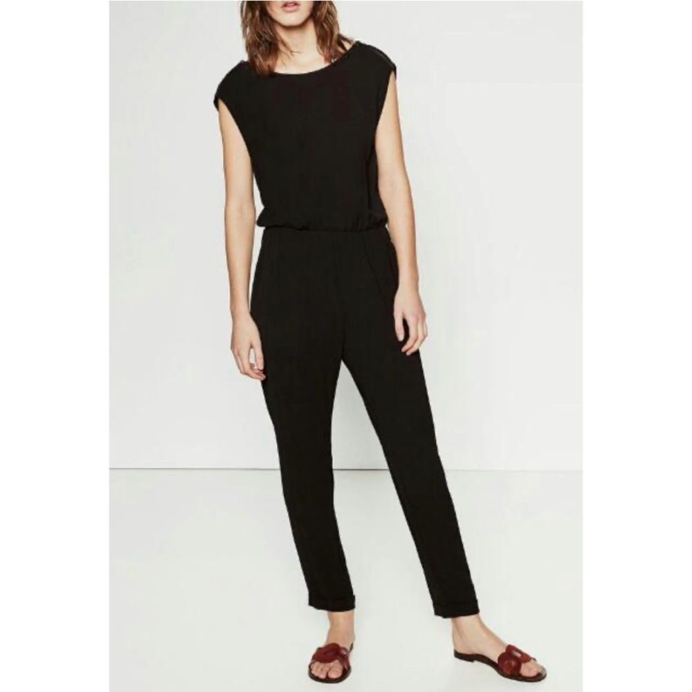 Zara Basic Shoulder Zip Zipper Jumpsuit Black Medium Tapered Leg Sleeveless